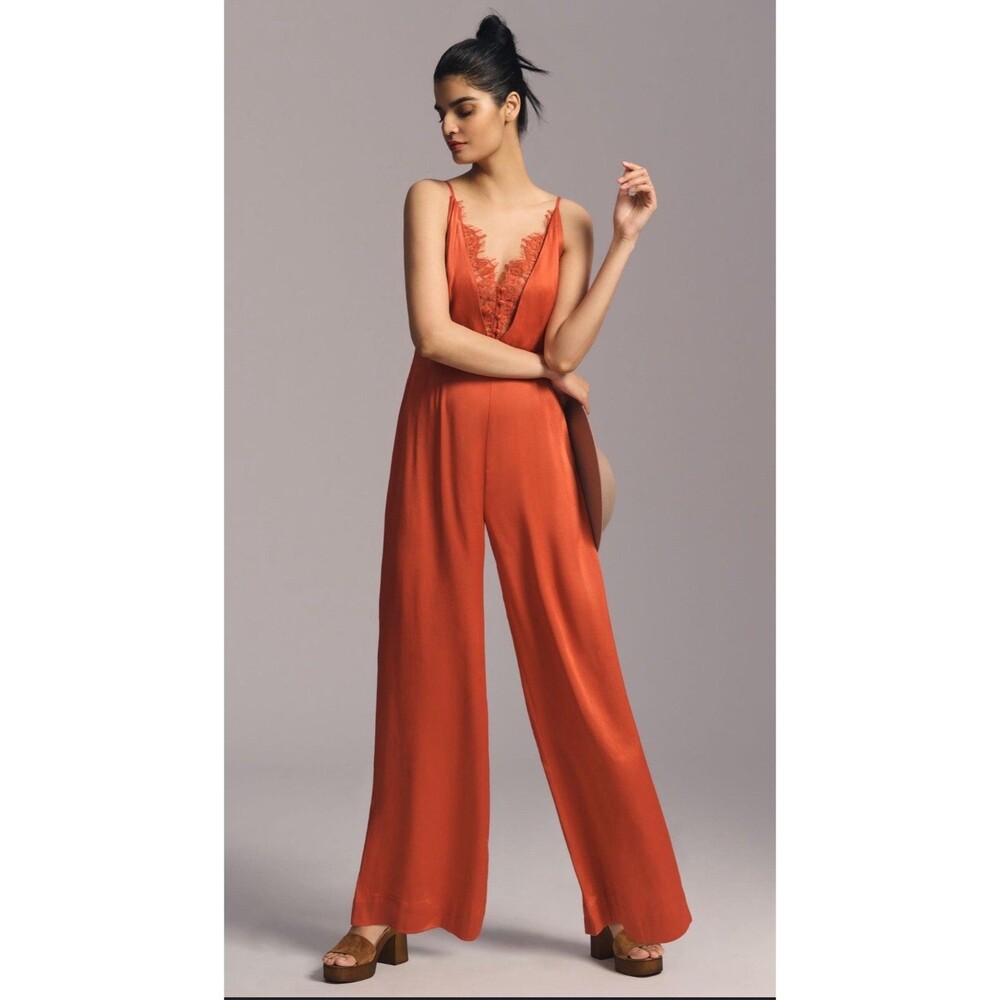Anthropologie Jumpsuit Orange Silky Satin Wide Leg Preppy Boho Retro Size 2 New